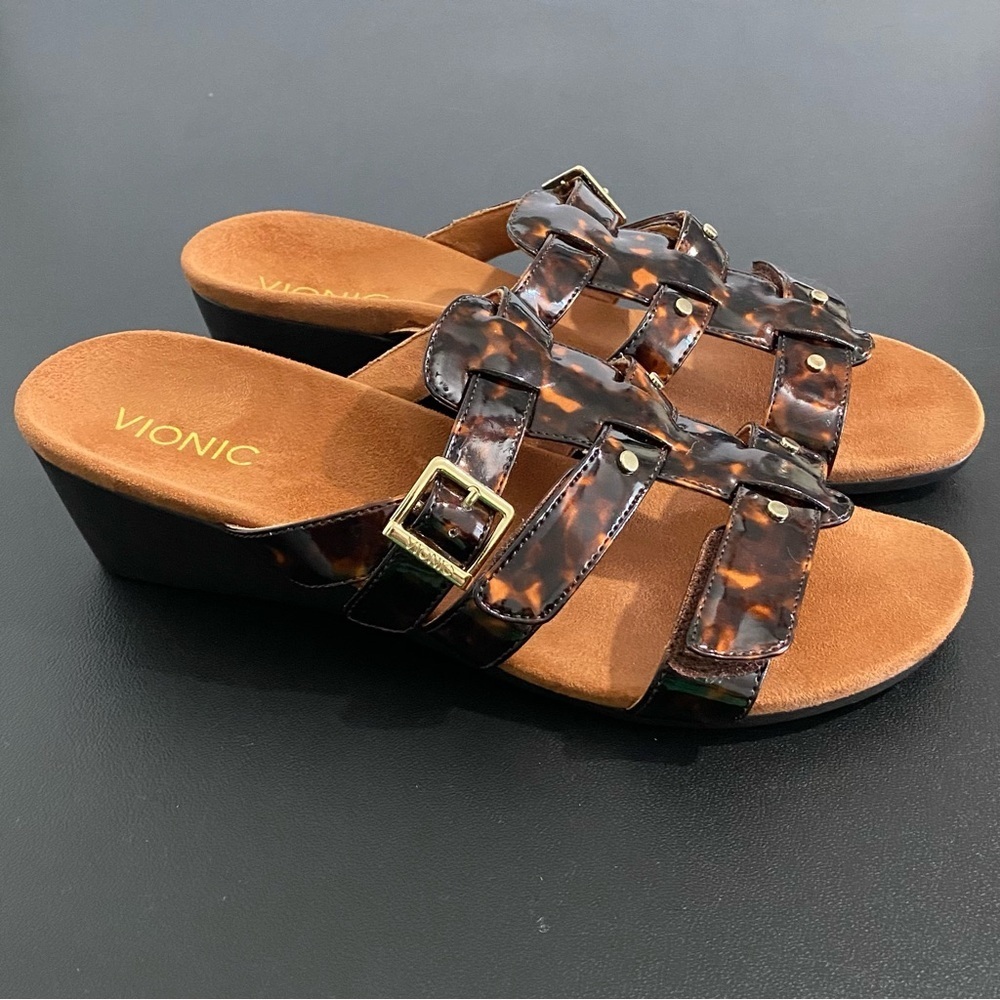New Vionic Radia Wedge Heel Sandals Size 10 Tortoise Shell Black Brown Ajustable - Picture 4 of 13
